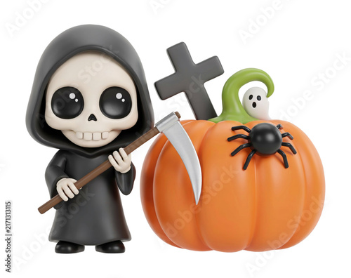 3D Halloween Horror Illustration With Skull Reaper Pumpkin and Ghost