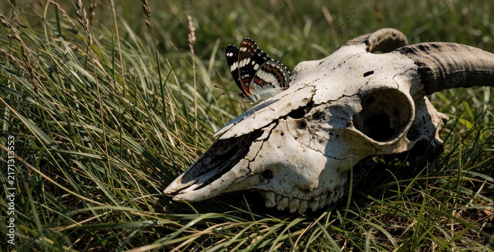 Naklejka premium Lorquin Admiral butterfly sits on white goat skull in tall green grass. Colorful insect feeds on remains of dead animal in wild field. Nature cycle shows life, death concept with butterfly on bone in