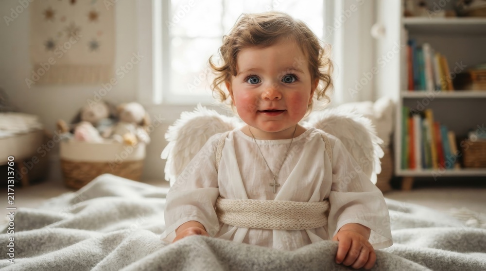 Fototapeta premium Cute baby wearing angel costume with wings sitting on blanket