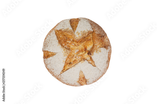 Round loaf of artisan sourdough bread with flour dusting isolated on white background. Perfect for bakery branding, healthy breakfast concepts, and food packaging. Top view.