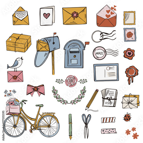 Cute hand drawn snail mail and pen pal icon collection with ladybug and flowers