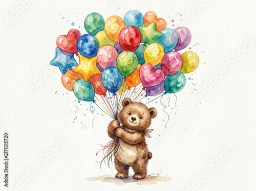 Teddy bear holding a large bunch of colorful watercolor balloons against a plain white background.
