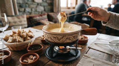Person dipping bread into hot melted cheese fondue