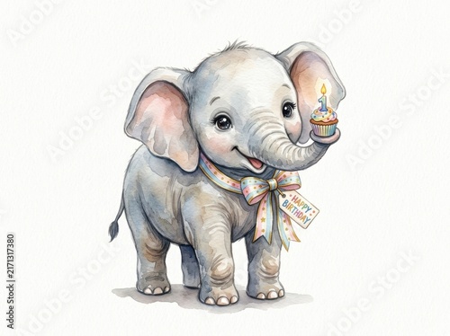 Elephant holding a birthday cupcake on its trunk with a festive bow tied around its neck.
