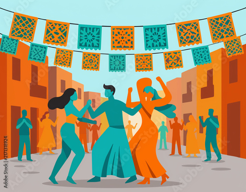 Joyful people dancing in colorful street festival under traditional cut paper banners. Vibrant cultural celebration layout template with space for text for hispanic heritage event banner.