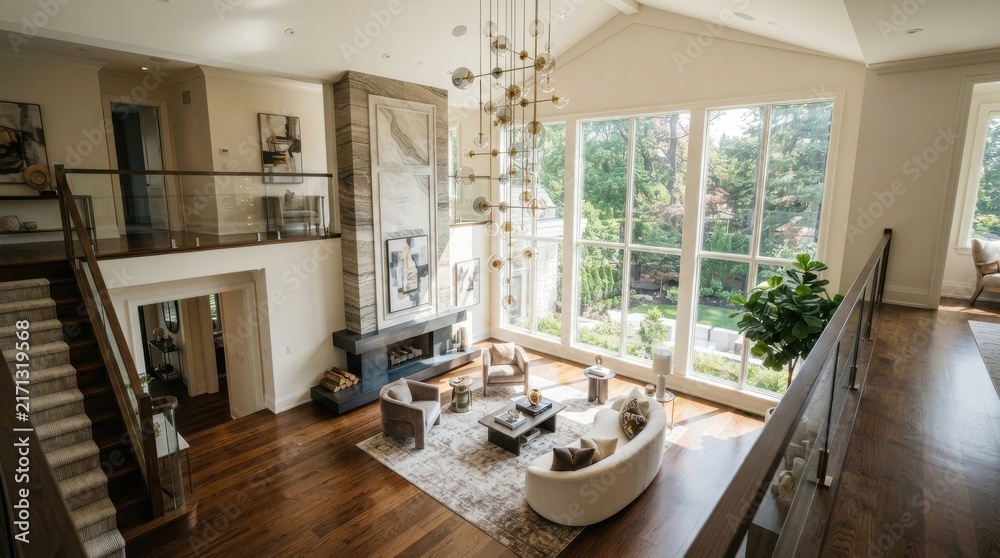 Naklejka premium Luxury living room interior with double height ceiling and large windows