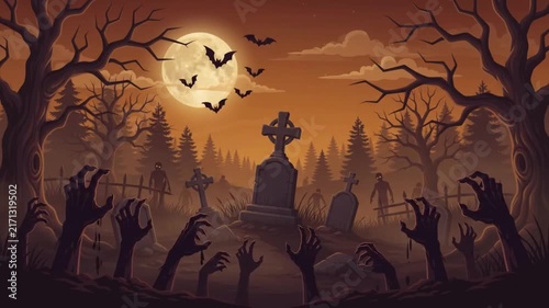 Spooky Halloween Graveyard with Zombie Hands Rising Under Full Moon