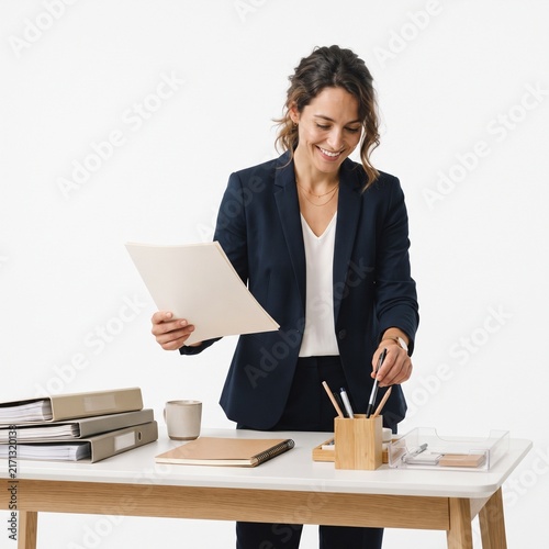 A smiling businesswoman in a dark suit standing at a desk, holding a document and a pen. She is looking down at her work with a focused and happy expression