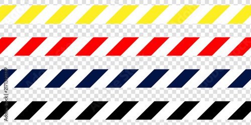 Colorful caution tape vector set displays striped safety lines in yellow, red, blue, and black. Warning border ribbon elements are isolated on a transparent grid background.