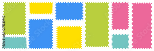 Colorful frame vector set displays blank serrated edge rectangular borders in green, yellow, blue, and pink. Vintage perforated ticket sticker templates are isolated on a whitebackground.