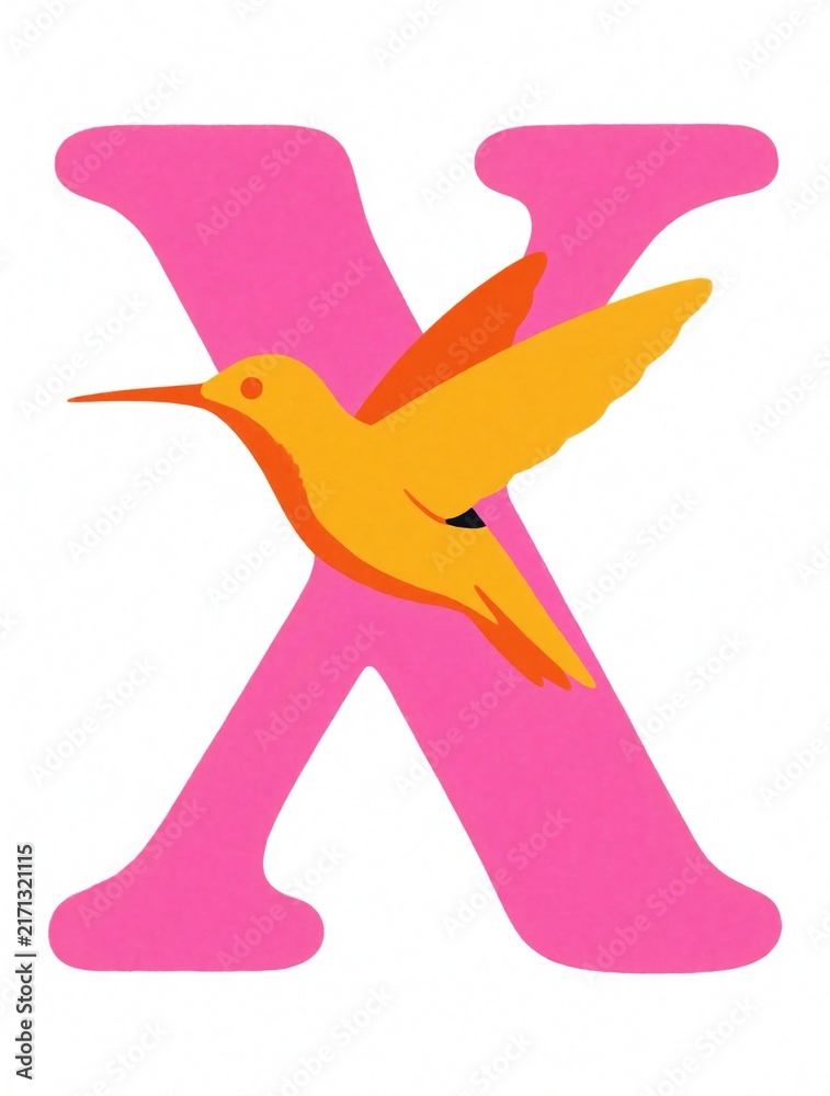 Naklejka premium Bright letter X with a yellow hummingbird in flight, pink background. Simple, cheerful graphic design. Alphabet illustration for kids learning.