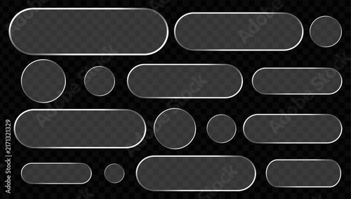Transparent glass button vector set displays empty glossy pill and circle shapes with reflection highlights. Realistic clear interface panels are isolated on a dark grid background.