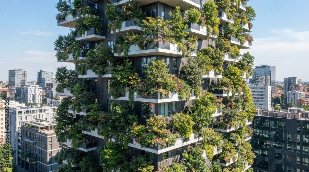 Naklejka premium Modern sustainable residential skyscraper covered with trees and plants on balconies