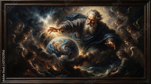 Renaissance painting of deity creating earth surrounded by angels in cosmos