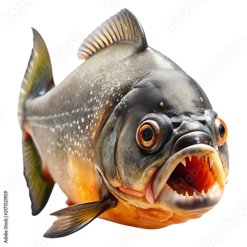 Side view of a piranha fish with an open mouth and sharp teeth, aggressive freshwater predator with detailed scales on a plain white background isolated on a transparent background