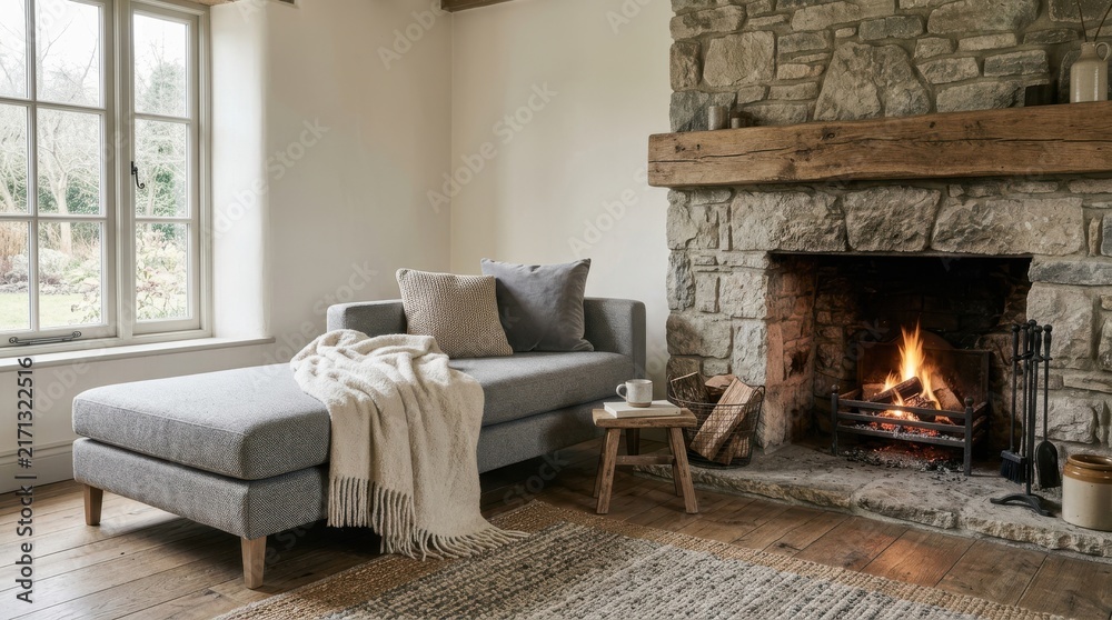 Naklejka premium Cozy living room interior with grey chaise lounge and stone fireplace