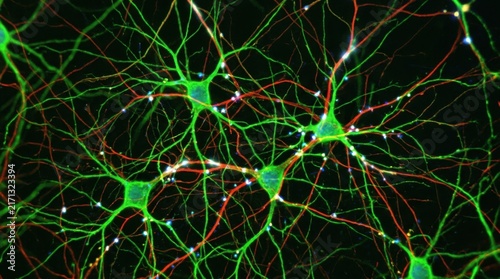 Fluorescence microscope image of cultured neurons with green and red staining