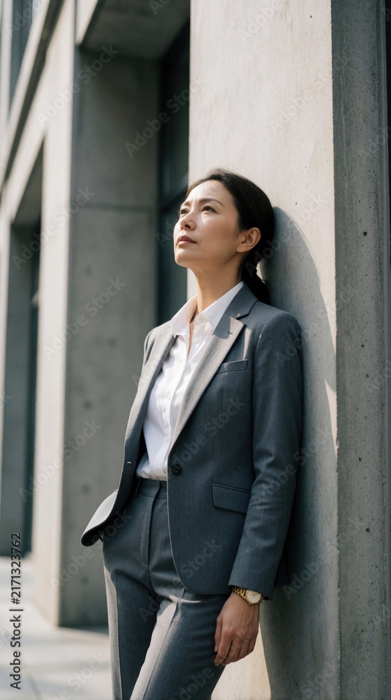 Fototapeta premium Pro Asian businesswoman in grey suit leans on concrete wall in city. Confident female executive looks up with calm expression. Stylish corporate leader enjoys quiet moment during break in urban