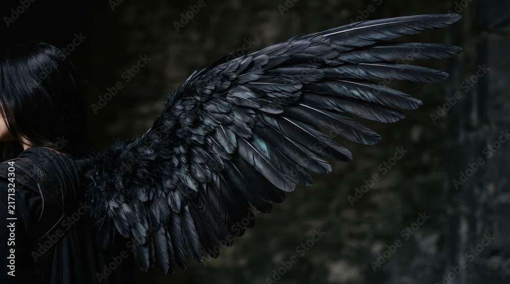 Naklejka premium Woman with large black angel wings in dark fantasy setting