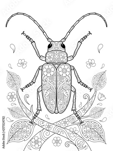 Ornamental longhorn beetle insect on a vine adult coloring page with floral pattern line art vector illustration