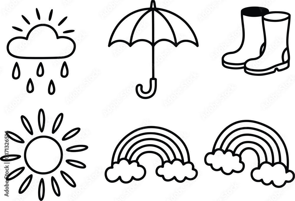 Fototapeta premium Black and White Weather Icons Set with Rain, Umbrella, Boots, Sun and Rainbow