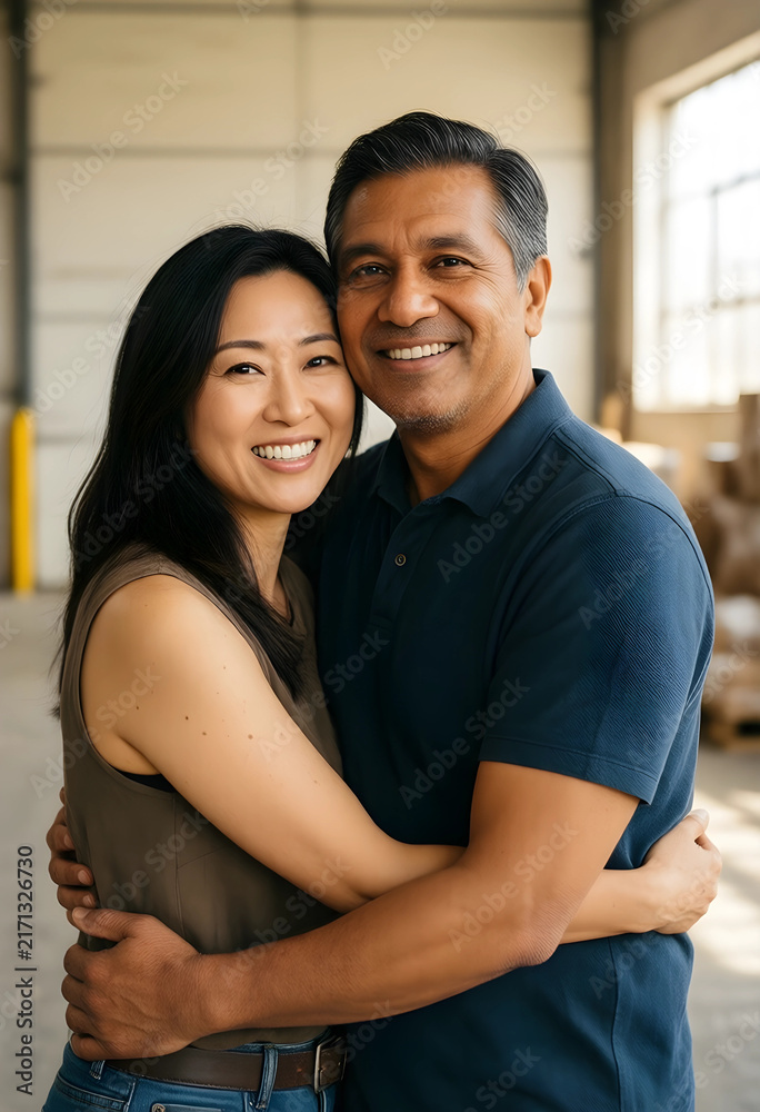 Obraz premium Diverse couple embracing with genuine smiles, partnership and relationship goals, happy multiethnic people in a warehouse setting