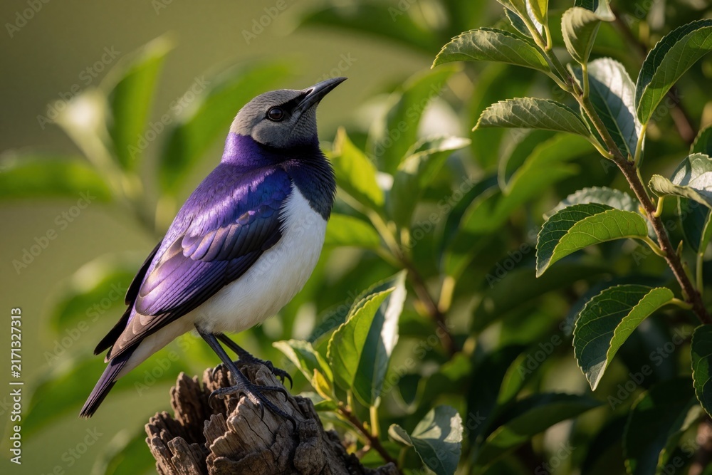Naklejka premium Violet backed starling rests on tree stump. Bird with purple iridescent feathers and white chest sits on wood. Green leaves form natural background. Avian wildlife details. African bird.