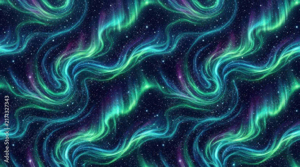 Seamless pattern of glowing northern lights and starry night sky