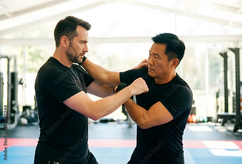 Obraz premium Self defense training and martial arts practice, two men sparring in a gym for fitness and personal protection
