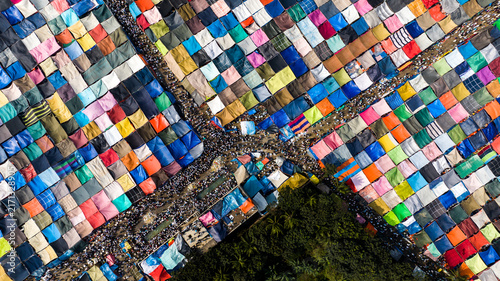 Aerial view of the massive Bishwa Ijtema gathering with countless colorful tents and crowds of people in Tongi, Dhaka Division, Bangladesh.