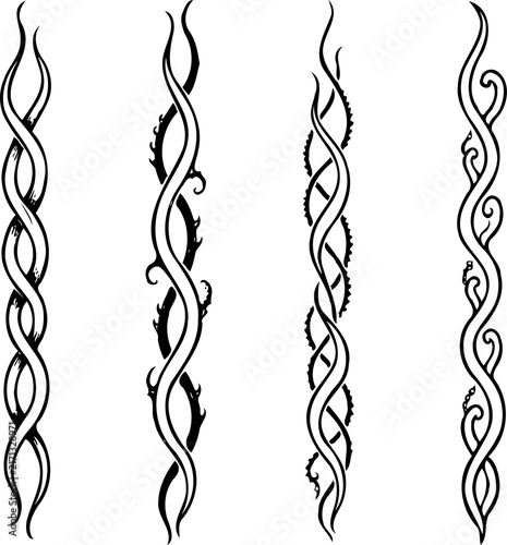 Set of silhouettes borders. Twisted Decorative Elements. Tentacle Swirls Black and white illustration. Ornamental Hand drawn doodle. Intertwined, Spiral motifs Scribble Line. 

