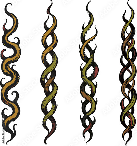 Set of silhouettes borders. Twisted Decorative Elements. Tentacle Swirls Black and white illustration. Ornamental Hand drawn doodle. Intertwined, Spiral motifs Scribble Line. 
