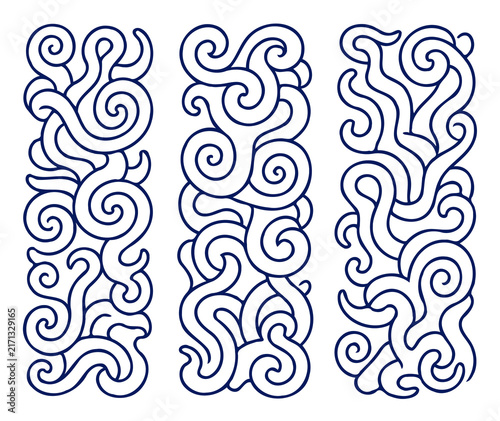 Set of silhouettes borders. Twisted Decorative Elements. Tentacle Swirls Black and white illustration. Ornamental Hand drawn doodle. Intertwined, Spiral motifs Scribble Line. 
