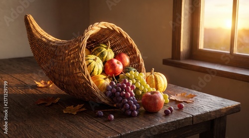 A woven cornucopia filled with autumn harvest fruits sits on a rustic table in golden sunlight.