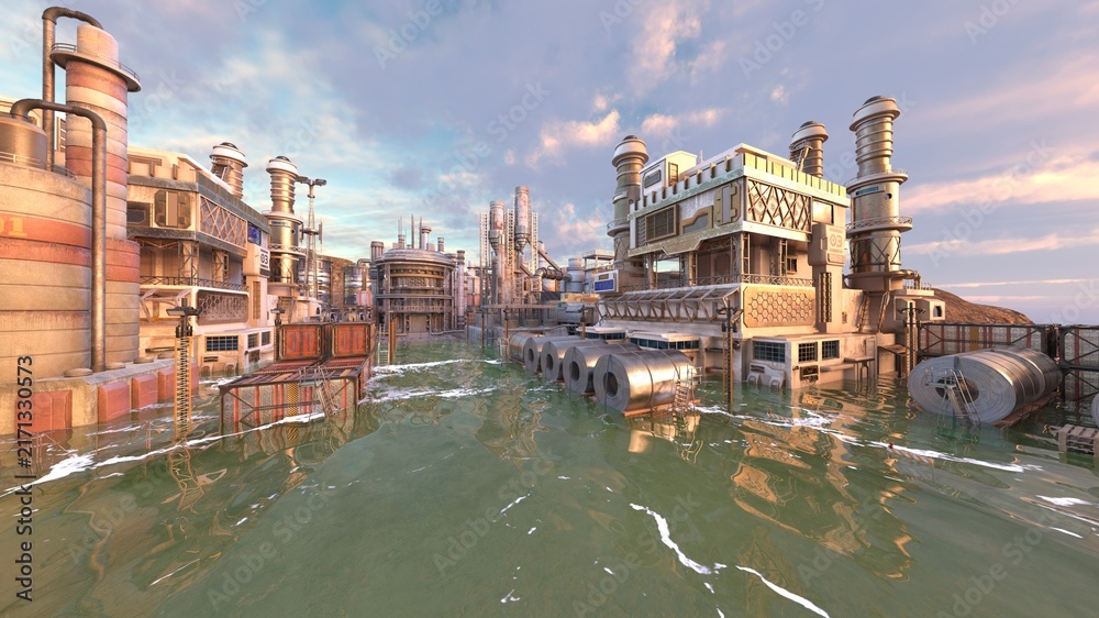 Fototapeta premium 海辺の工場の外観 3DCGレンダリング