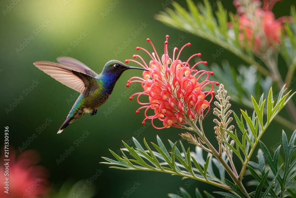 Naklejka premium Small hummingbird flies near red grevillea flower. Tiny bird with green feathers hovers mid air to drink nectar from blossom. Wildlife macro shot of colorful avian animal feeding in tropical garden
