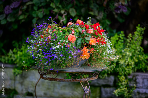 Cuadro en lienzo Colorful summer flower arrangement in a garden planter with vibrant red, orange,