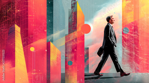 Man Strides Through Futuristic Cityscape, Ambition and Progress