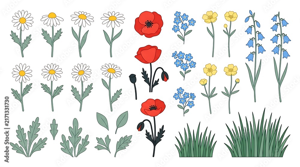 Fototapeta premium Set of various hand drawn wild flowers and green grass elements isolated on a white background for floral design projects with poppies bluebells buttercups