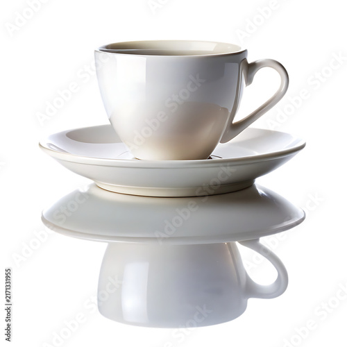 A single white ceramic teacup resting on a matching saucer, viewed from a side angle with a reflection, isolated on a white background, for beverage isolated on a transparent background
