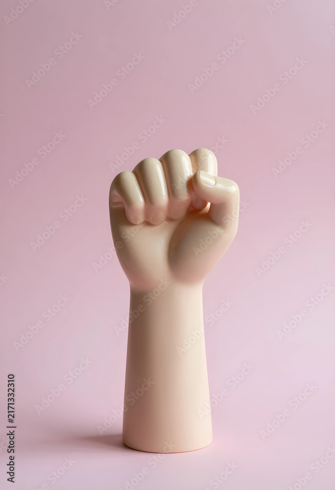Obraz premium Feminist power and womens rights, raised fist symbol of protest and empowerment on a pink background