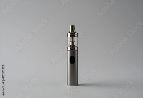 Vaping and e-cigarette health risks, modern vape device for nicotine delivery, smoking cessation alternative on gray background