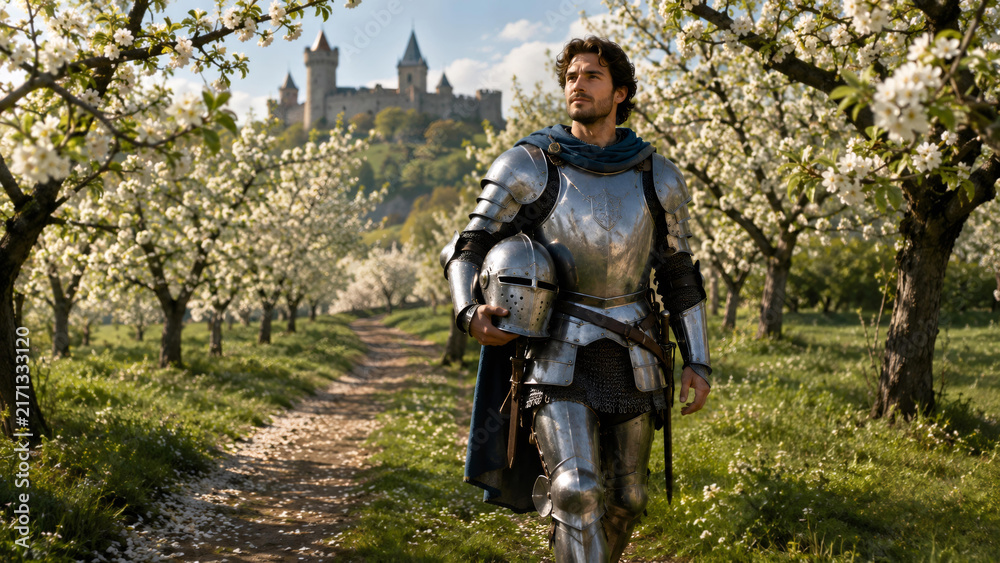Fototapeta premium Knight in shining armor walking through a spring garden in blossom. Man wearing medieval soldier gear with helmet near an ancient castle. Fantasy history tale and heroic adventure.