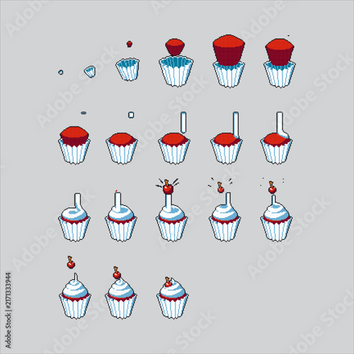 Pixel art illustration Cupcake Desert Animation. Pixelated Cupcake Bread. Cupcake Desert Animation Icon pixelated for the pixel art game and icon for website and video game. old school retro.