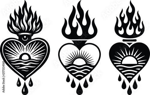 Flaming Sacred Heart Tattoo Vector Set, Sunset, Blood Drops and All Seeing Eye, Traditional Vintage Black Flash Illustration Collection