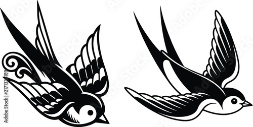 Traditional Tattoo Swallow Bird Vector Set, vintage Swallow Bird Tattoo Flash Bundle, Old School Flying Swallow Illustration, Classic American Tattoo Style Vector Bird