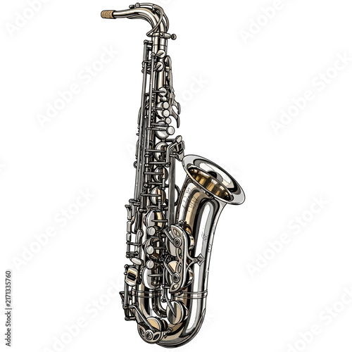 Canvas Print Shiny silver alto saxophone isolated on white background with metallic finish fo