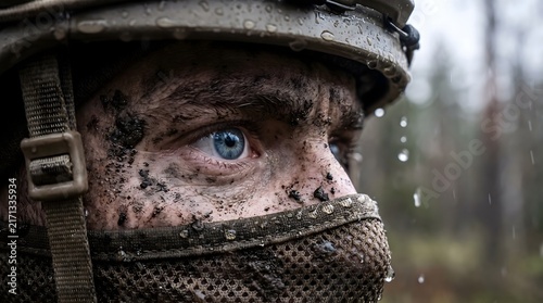 Close up portrait of a male soldier with intense blue eyes covered in mud and dirt wearing a tactical helmet and mesh face mask during military training exercise in the rain