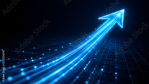 Glowing blue digital arrow pointing upwards on a dark tech grid background representing data growth technology advancement and financial progress