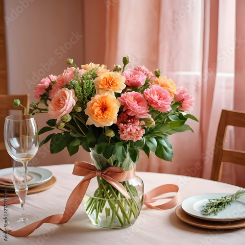 Romantic floral arrangement for celebration and special occasions, fresh pink and orange roses in a vase on a dining table